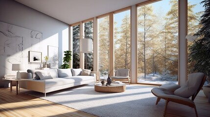 Lounge near glass window in bright living room of modern generative ai