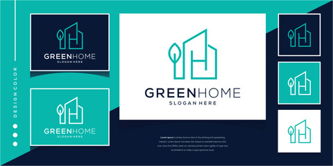 Vector green house logo real estate template minimalist outline symbol for environmentally friendly