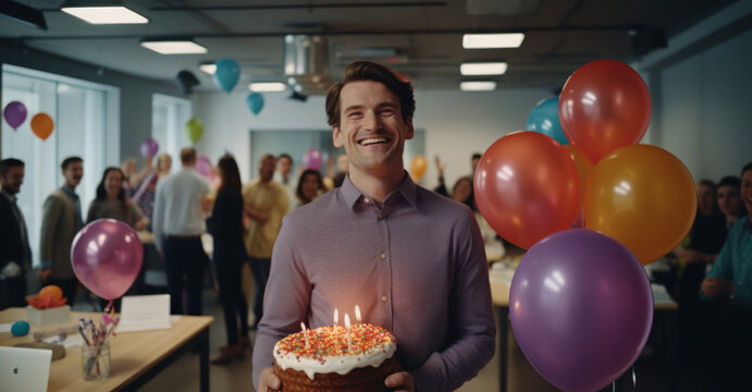 An Office Celebration Of A Colleague's Birthday Featuring Cake, Balloons, And Joyful Faces