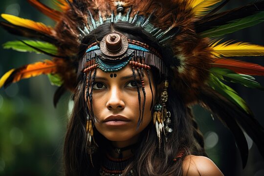 Beautiful woman indigenous portrait of tribal Amazon . Looking serious at camera.