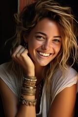 Fototapeta premium Young and pretty woman wearing colorful clothes, portrait