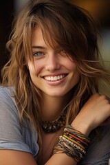 Young and pretty woman wearing colorful clothes, portrait