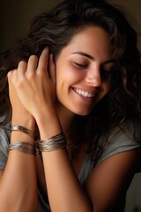 Obraz premium Young and pretty woman wearing colorful clothes, portrait