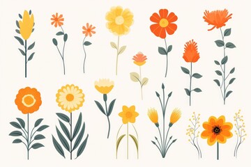 Fototapeta premium Flowers and herbs mega set graphic elements in flat design. Bundle of abstract wildflowers, daisy, rose, hyacinth and other meadow blossoms, plants with leaves