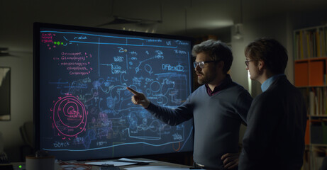 Two colleagues debating over a complex problem on a digital whiteboard under studio lights