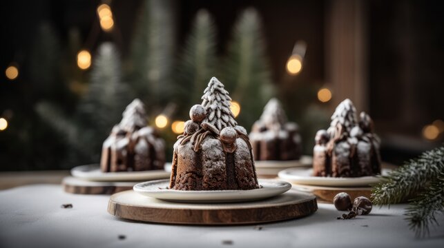 chocolate cupcakes with cream in the shape of aChristmas tree for Christmas on a festive background.holiday concept