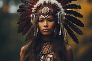 A woman wearing a headdress with feathers on her head