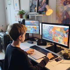 Fototapeta na wymiar Little boy siting in his room using a computer