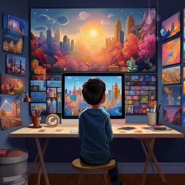 Little boy siting in his room using a computer