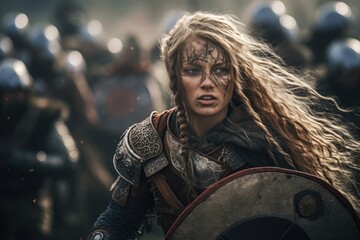 Naklejka na ściany i meble Portrait of an ancient female viking warrior with blonde hair, metal and leather armor stained with mud and blood. Fighting pose.