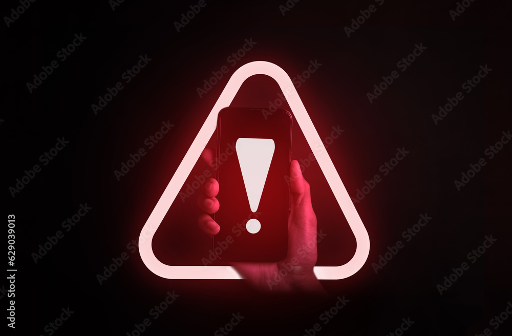 Poster System warning error popup and maintenance on smartphone. cyber attack on online network error system. Cybersecurity vulnerability, data breach, illegal connection, compromised information.