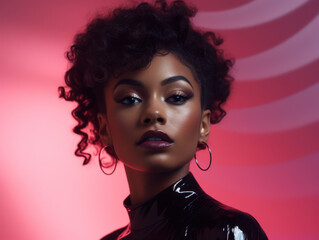 beautiful black woman against pink background, black fashion shoot portrait