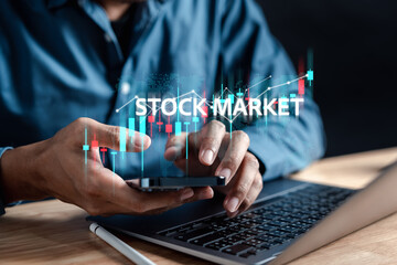 Naklejka premium Businessman with stock market chart value up. finance and investment concept, Capital gain world money economic growth. financial graph chart, market report on cash currency concept.