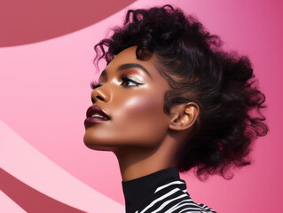 beautiful black woman against pink background, black fashion shoot portrait