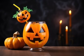 Halloween party. Funny Pumpkin with a cocktail