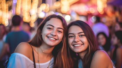 Fototapeta premium two young adult women, best friends, summer shirts, night or evening, indoor, bar or restaurant or on holiday in nightlife, girlfriends going out, caucasian teenager or 20s