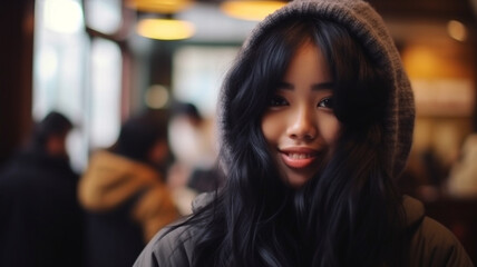 Obraz premium young adult woman at the entrance of a restaurant, waiting and welcoming dating or flirting, getting to know each other, first meeting, in the evening, indoor, standing in the doorway