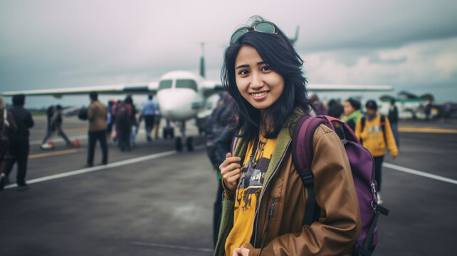 asian young adult woman with backpack boarding small plane or doing leisure activity like skydiving from plane, adventure and travel, fictional place