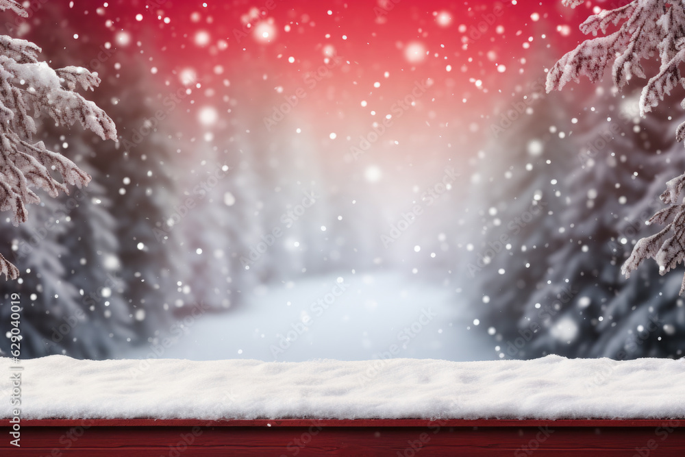 Poster magic of winter enchanting scene of a red wooden table set amidst a snowy background with trees with