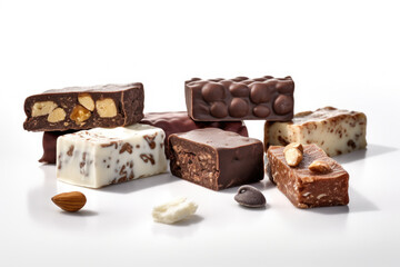 collection of delicious chocolate treats artfully arranged on a pristine white background, decadent sweets, food, culinary blogs, or recipes