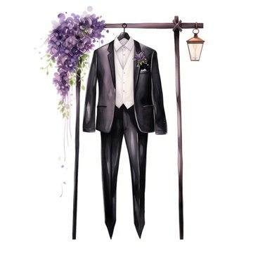 Wedding suit on a hanger with flowers on white background