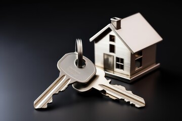 Key with a trinket in the form of a house in the door lock of an open door against the dark background