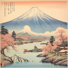 generative ai, Ukiyo-e Woodblock Print of Mt. Fuji