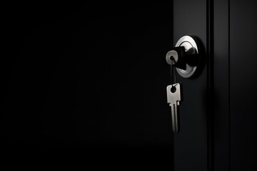 Key with a trinket in the form of a house in the door lock of an open door against the dark background