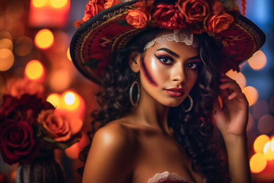 close-up young woman with make-up at the festival Day of the Dead - Dia de los Muertos - a holiday dedicated to the memory of the dead.against the backdrop of illumination.generative Ai