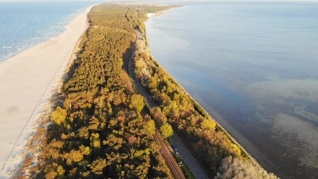 Polwysep Helski Aerial Drone View. Zachod Slonca. Jurata Hel Chalupy Wakacje nad morzem Lipiec 2023