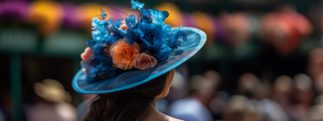young woman in a beautiful elegant blue hat with flowers on the hippodrome before the races. hat parade at the races.  - obrazy, fototapety, plakaty