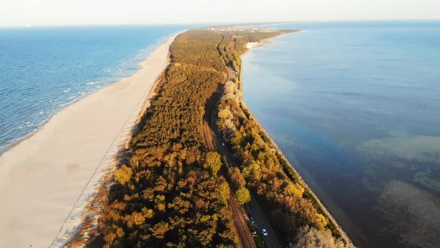 Polwysep Helski Aerial Drone View. Zachod Slonca. Jurata Hel Chalupy Wakacje nad morzem Lipiec 2023