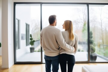 Loving couple looking at their home. Copy space