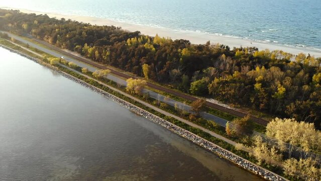 Polwysep Helski Aerial Drone View. Zachod Slonca. Jurata Hel Chalupy Wakacje nad morzem Lipiec 2023