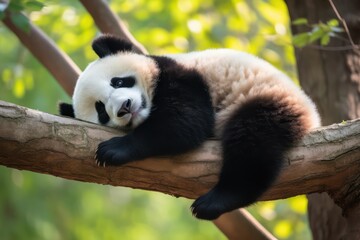 Obraz premium Panda Bear Sleeping on a Tree Branch, China Wildlife. Bifengxia nature reserve, Sichuan Province. Cute Lazy Baby Panda Sleeping in the Forest, Enjoying an afternoon nap with paws Hanging Down.