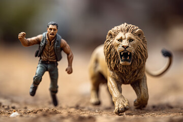 Miniature toy people figurine of scared man running from giant lion outdoors