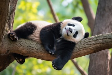 Obraz premium Panda Bear Sleeping on a Tree Branch, China Wildlife. Bifengxia nature reserve, Sichuan Province. Cute Lazy Baby Panda Sleeping in the Forest, Enjoying an afternoon nap with paws Hanging Down.