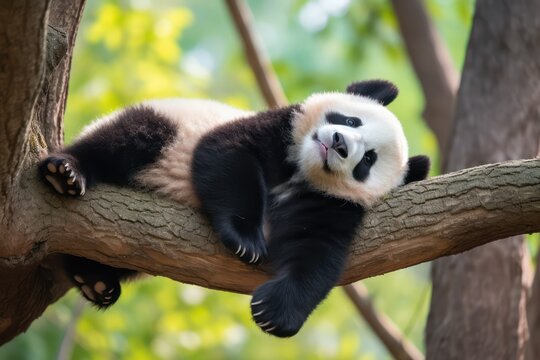 Panda Bear Sleeping on a Tree Branch, China Wildlife. Bifengxia nature reserve, Sichuan Province. Cute Lazy Baby Panda Sleeping in the Forest, Enjoying an afternoon nap with paws Hanging Down.