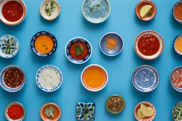 Colorful bowls with various sauces on blue background. Top view.
