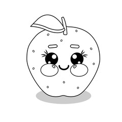 Kawaii apple in doodle style. Сute fruits character. Smiling fruit faces illustration for kids. Isolated simple outline for coloring book