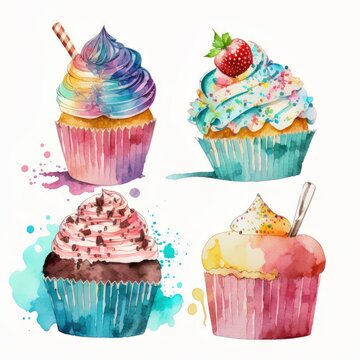 Watercolor cupcakes set. Hand painted vector illustration isolated on white background
