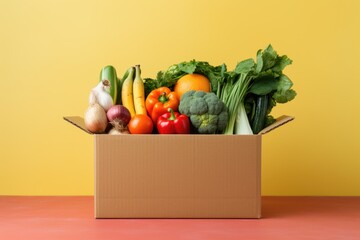 cardboard box with food. vegetables and fruits in a cardboard box. food delivery and footbank...