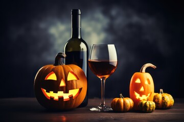 Two glasses of wine and bottle with Halloween - old jack-o-lantern on dark toned foggy background. Scary Halloween pumpkin
