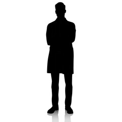 Silhouette of a doctor in a white coat with crossed hands. Male healthcare worker. Hand-drawn vector illustration set isolated on white