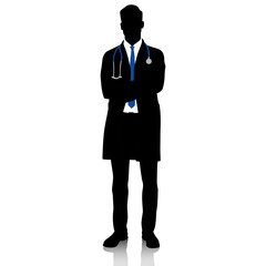 Silhouette of a doctor in a white coat with crossed hands. Male healthcare worker. Hand-drawn vector illustration set isolated on white