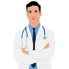 Fototapeta premium A doctor in a white coat with crossed hands. Male healthcare worker. Hand-drawn vector illustration set isolated on white