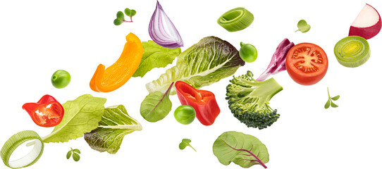 Falling vegetables, fresh salad of bell pepper, tomato and lettuce leaves - 629044401