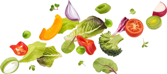 Foto auf Leinwand Falling vegetables, fresh salad of bell pepper, tomato and lettuce leaves © xamtiw