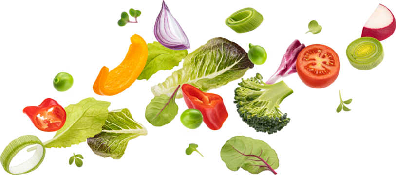 Falling vegetables, fresh salad of bell pepper, tomato and lettuce leaves