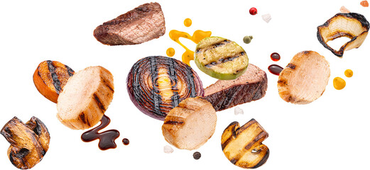 Grilled beef slices and vegetables isolated - obrazy, fototapety, plakaty
